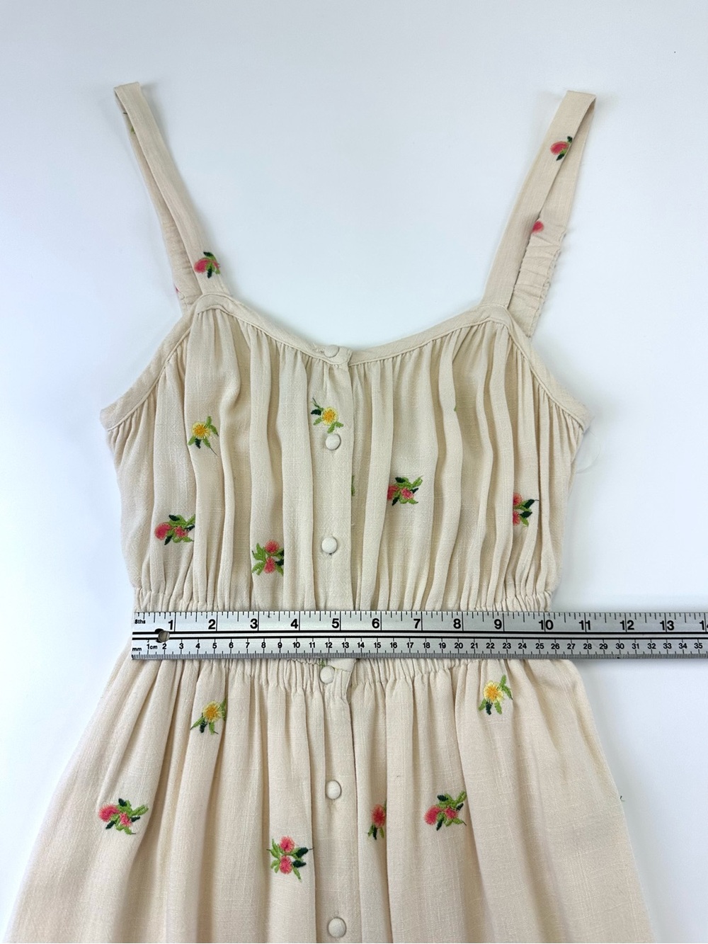 Cream Floral Midi Sundress Button Front Black Tape Dex Small Summer embroidered - Picture 6 of 10